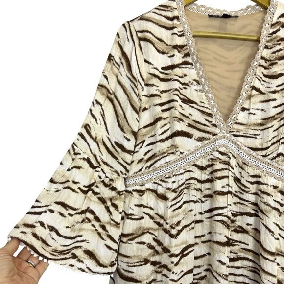 INC Babydoll Tunic Dress Small Beige Flared Sleeve Crochet Fairy Forest Boho Y2K - Picture 3 of 9